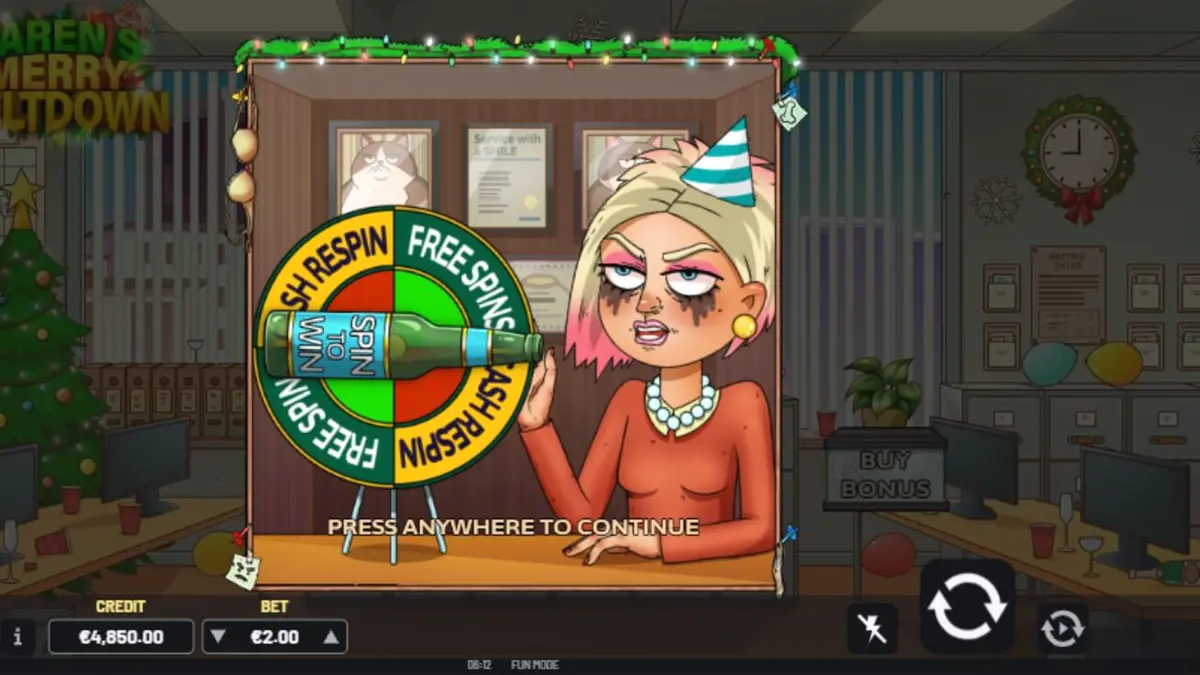 Tela principal do slot Karen’s Merry Meltdown com tema de festa de Natal caótica