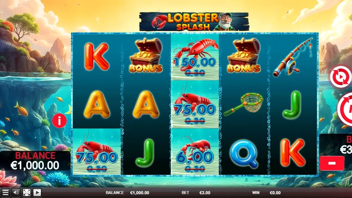 Interface do jogo de slot Lobster Splash com tema de pesca